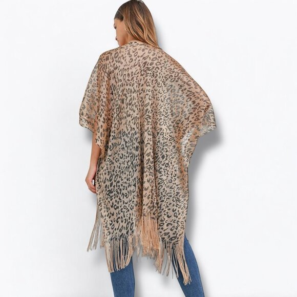 Leopard Print Mid Length Fringe Kimono Robe Cover Up NEW - Picture 4 of 4
